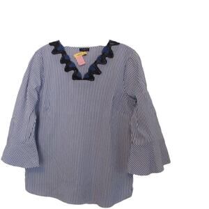 Talbot's Blue/White Stripe Ladies Blouse RICKRACK TRIM WOMAN'S L Bell Sleeves